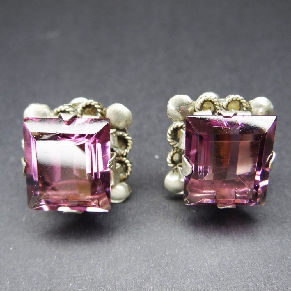 Vintage Purple Glass Art Deco Earrings Square  Screw Back